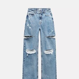 ZARA MID WAIST RIPPED CUT OUT STRAIGHT LEG JEANS
